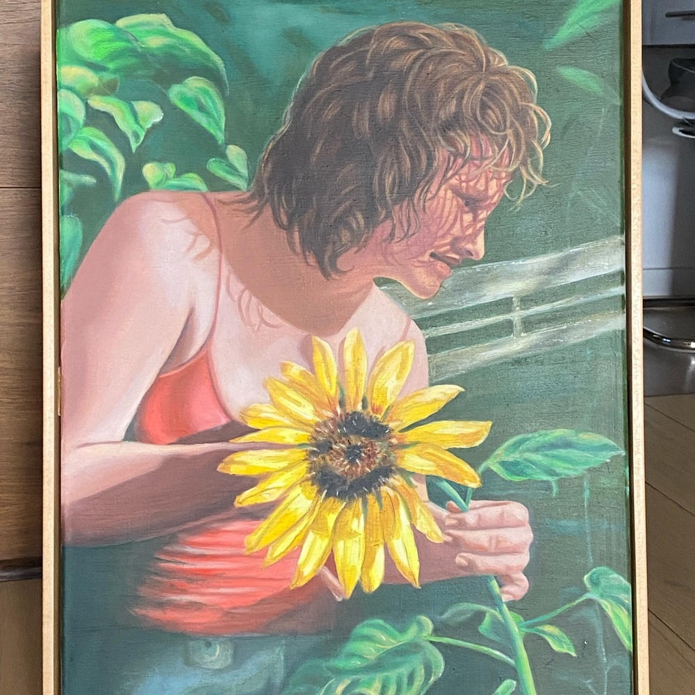 Sunflower Harvest and Woman Original Oil Painting - Art 20” x 24” framed